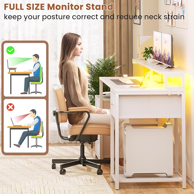 Aheaplus Computer Desk with 3 Drawers Home Office Desk with File Drawer &amp Power Outlet 59'' Gaming Desk with Led Lights Long Work Desk with Storage Shelves Printer Cabinet and Monitor Shelf W
