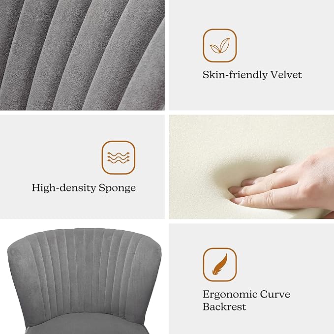 Tina's Home Velvet Armless Accent Chair Upholstered Modern Small Side Chair with Golden Legs Comfy Cute Wingback Slipper Chair for Living Room Study Beauty Room Thickly Padded(Grey)