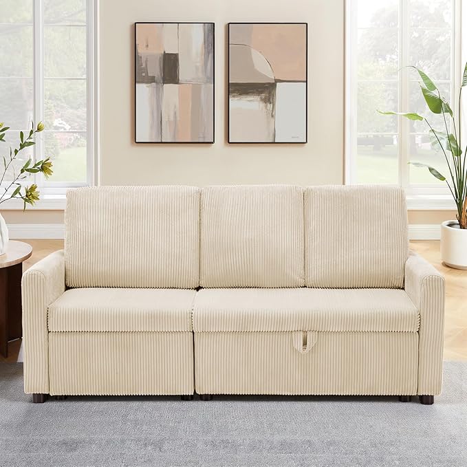 Sectional Sofa for Living Room 71 Corduroy Fabric Modern 3 Seater Sofa with Seats Storage &amp Side Pockets Upholstered W/Deep Seat Couch for Small Space Bedroom Apartment Beige