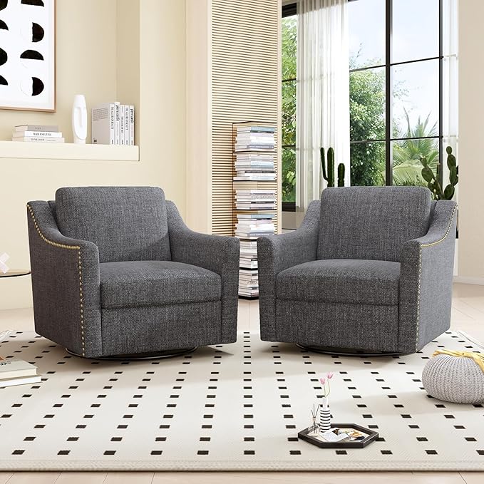 Swivel Accent Chair Set of 2 Modern Comfy Linen Upholstered Barrel Armchair with Nailhead Decor and Metal Base Soft Oversized Round Chair for Living Room Bedroom Club (2 Dark Grey)