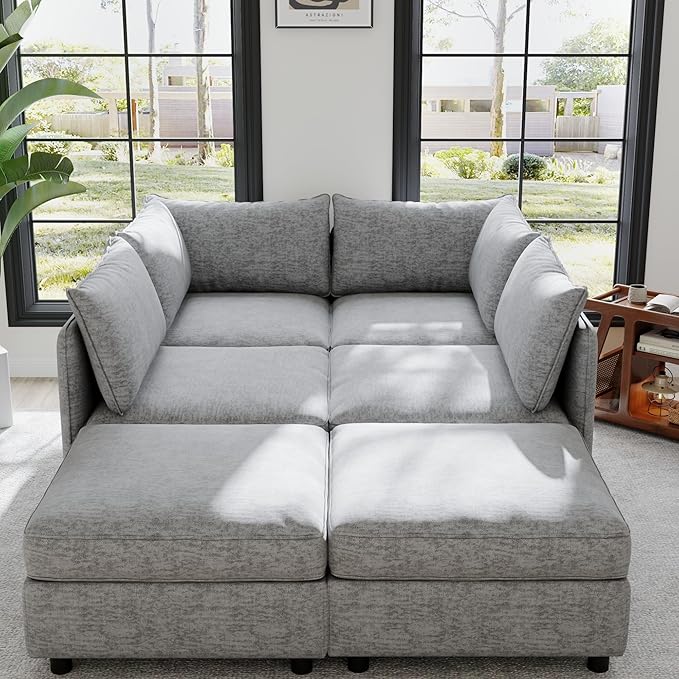 129” Modular Sectional Sofa Convertible 6 Person U Shaped Couch with Storage 2 Removable Ottomans &amp Deep Seats Memory Foam Comfy Modular Couch for Living Room (Grey 6 Seat)