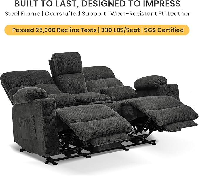 68 Power Reclining Loveseat with Heat &amp Massage Wall Hugger Double Reclining Sofa with Console Cup Holders &amp Storage Power Recliner Couch for Camper Trailer RV Home Theater Living Room