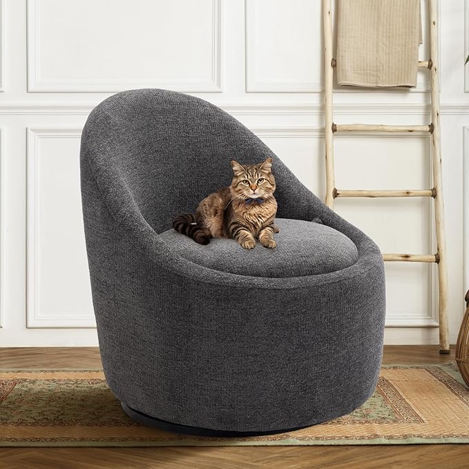 360° Swivel Accent Chair Mid-Century Modern Chair with Hidden Storge Small Swivel Chair with Arms for Living Room/Office-Dark Grey