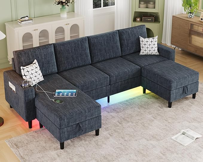 Sectional Couches for Living Room 6-Seats Soft Linen Fabric Sectional Sofa with Storage Ottoman Modern Convertible U/L Shaped Couch with Smart Charging Module/LED Light/Music Sync (Blue)