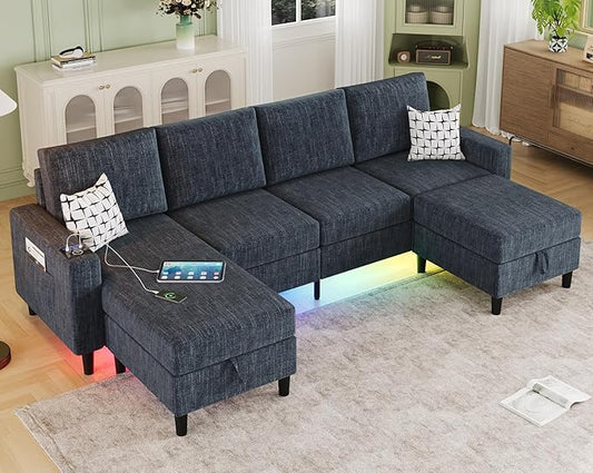 Sectional Couches for Living Room 6-Seats Soft Linen Fabric Sectional Sofa with Storage Ottoman Modern Convertible U/L Shaped Couch with Smart Charging Module/LED Light/Music Sync (Blue)