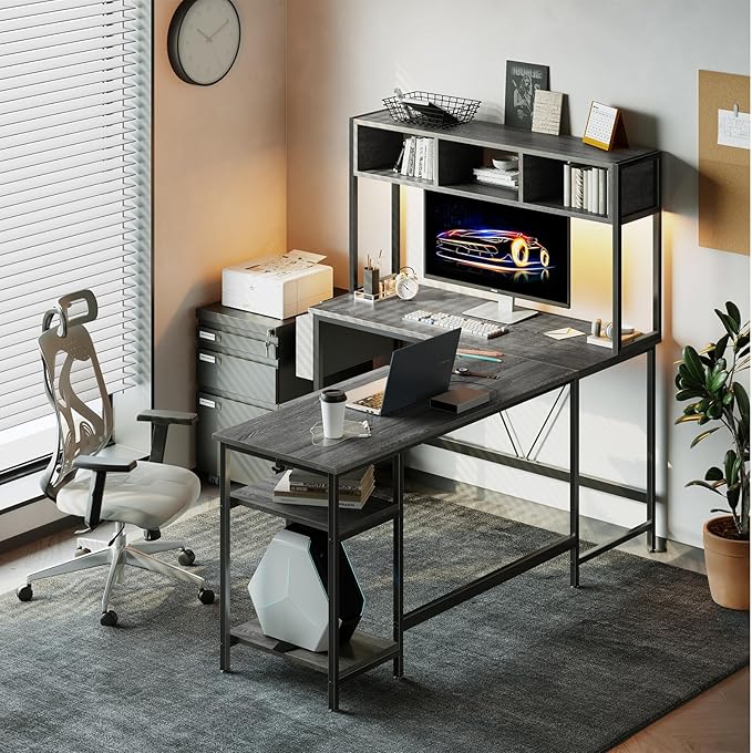 DUMOS L Shaped Gaming Desk 67” Reversible Computer Desks with Led Lights Corner Table with Keyboard Tray Side Bag Storage Shelf Metal Frame Wood Writing for Home Office Bedroom Grey