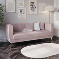 HOME DESIGN Scarlett Glam Velvet Flared Arm 3-Seater Sofa with Channel Tufting 4 Throw Pillows Gold Metal Legs Pink