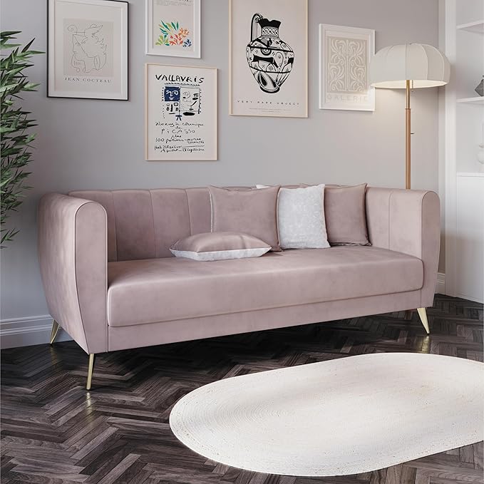HOME DESIGN Scarlett Glam Velvet Flared Arm 3-Seater Sofa with Channel Tufting 4 Throw Pillows Gold Metal Legs Pink