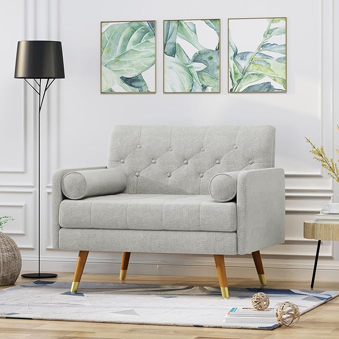 38 Comfy Chair and A Half with Button Tufted Backrest Round Armrest Pillows Mid Century Modern Oversized Accent Chair with Wood Legs for Living Room Bedroom or Small Spaces (Light Grey)
