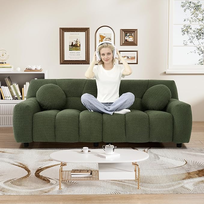 Modern Boucle Sofa Couch Comfy Deep Seat Teddy Cloud Couch 72.8 Upholstered Cozy Sherpa 2 Seater Couches with Pillows Oversized Loveseat Sofa for Living Room Apartment Emerald Green