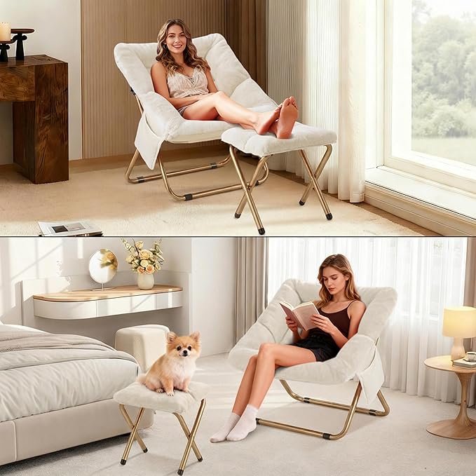 Comfy Saucer Chair for Adults Foldable Living Room Chairs Soft Faux Fur Lounge Chair for Bedroom Reading Chairs X-Large (Ottoman-White)