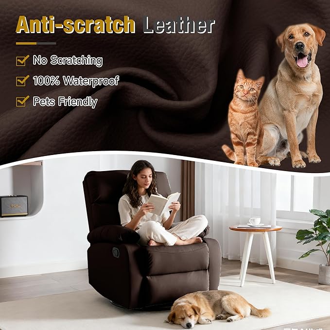 Rocking Recliner 360° Swivel Recliner Chairs for Adults Small Rocker Recliners for Small Spaces Living Room Bedroom Nursery RV Brown