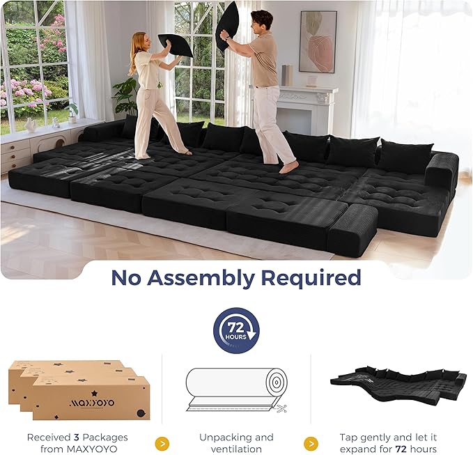 MAXYOYO Modular Sectional Sofa Couch Foldable Oversized U Shaped Cloud Couch with Pillows Tufted Boneless Sleeper Lounger Floor Sofa Bed for Living Room No Assembly Required Black