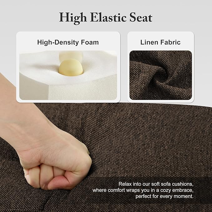 3 Seater Sofa Couch with Deep Seats 89 Mid Century Modern Upholstered Sofa with Armrests Comfy Couches for Living Room Bedroom Apartment and Office (Brown)