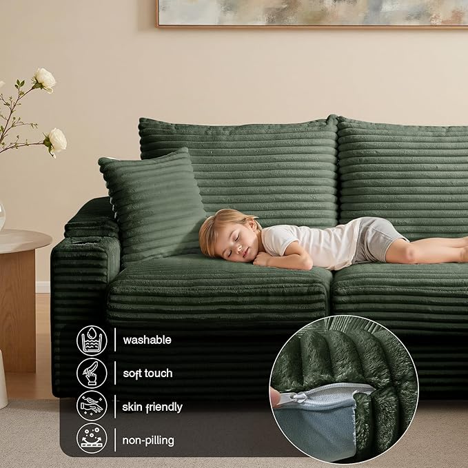 69.5 Modular Sectional Sofa L-Shaped Couches for Living Room Comfy Cloud Couch with Ottoman Convertible 3 Seats Deep Seat Sofas Green Corduroy Couch with Charger Cup Holders &amp Armrest Storag
