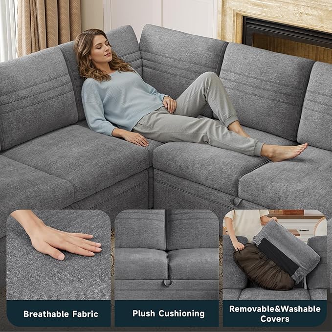 ONBRILL 105 Modular Sectional Sleeper Sofa with Pull Out Bed6 Seat Sectional Sleeper Sofa with Storage ChaiseUSB PortsModern U-Shaped Couches for Living RoomTool-Free AssemblyChenilleGrey