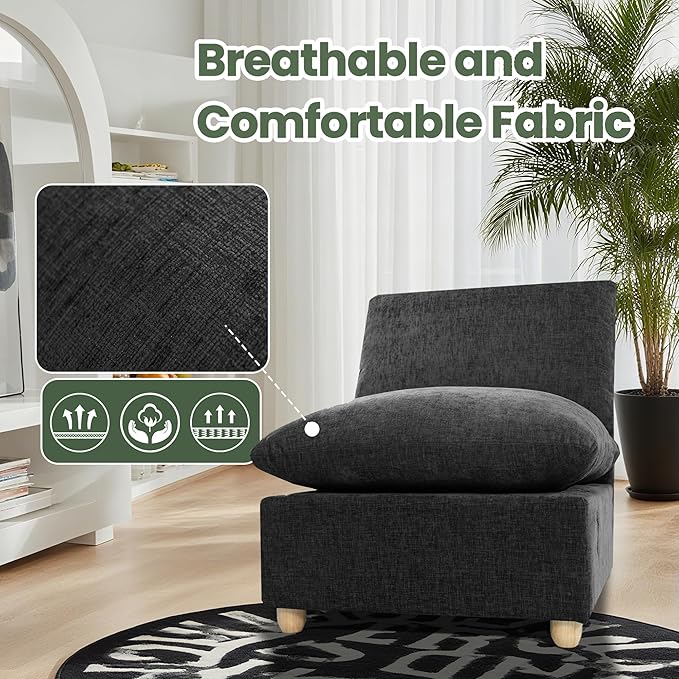 Brelice Armless Accent Chair Deep Seat Ergonomic Chenille Fabric Single Sofa Chair for Living Room High Resiliency Breathable Easy Clean Modern Armless Chair with Solid Wood Legs