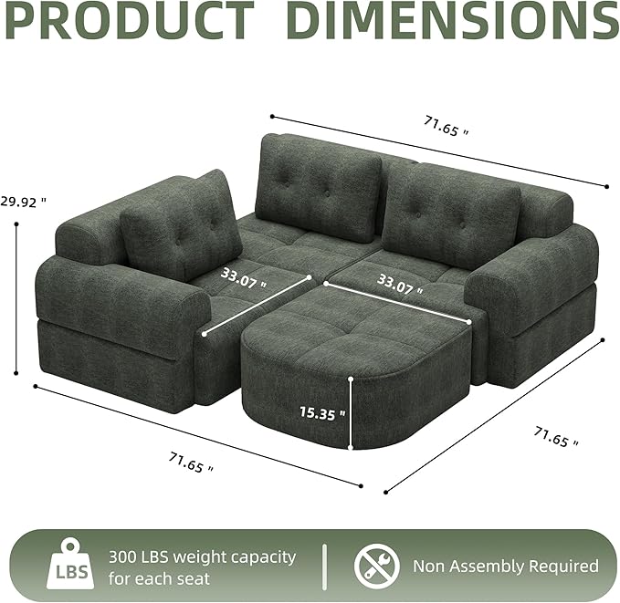 Boneless L-Shaped Modular Couch - 110 Inch Cloud Chenille Compression Sectional SofaNo Assembly Required Ideal for Apartments &amp Living RoomsBlackish Green