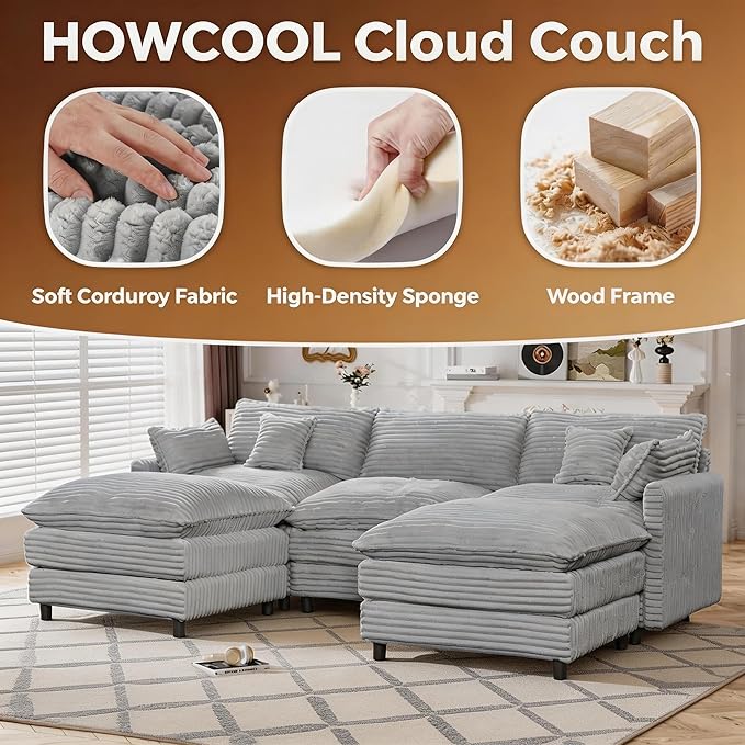 108 Cloud Couch U-Shaped Modular Corduroy Couch with 2 Ottomans &amp 5 Lumbar Pillows Modern Sectional Sofa with 5-Seater Deep SeatComfy Oversized Couch for Living RoomApartmentBedroomGrey