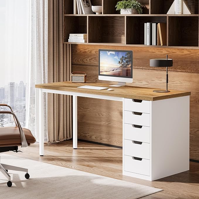 Tribesigns Modern Simple Computer Desk 47 Inches PC Desk with 5 Reversible Drawers Rustic Brown Study Writing Table Workstation for Home Office Small Spaces (Walnut+White)