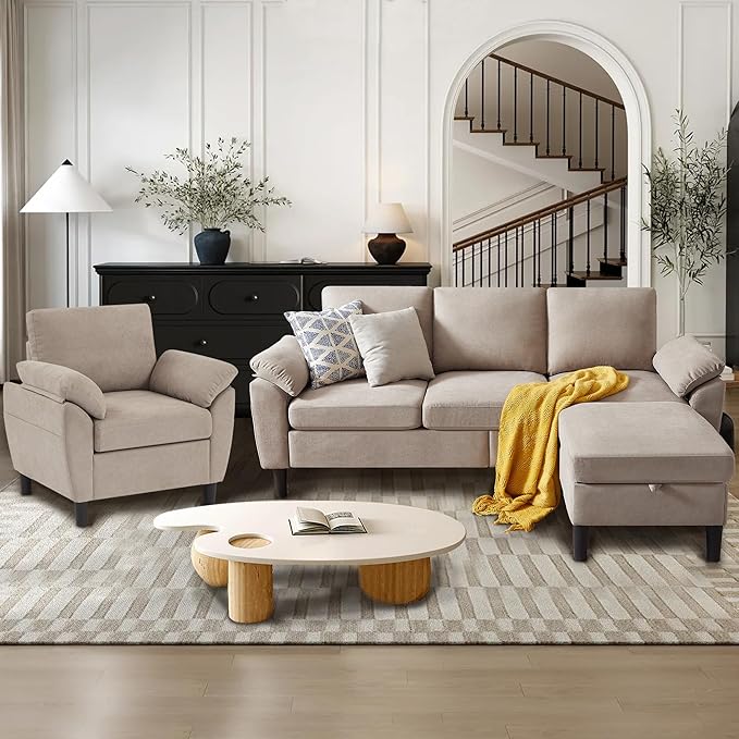 3 Piece Convertible Sectional Sofa Set Modern Linen Small L Shaped Couch with Reversible Ottoman and Accent Chair 3-Seat Sofa Couches for Living Room Office Apartment Beige