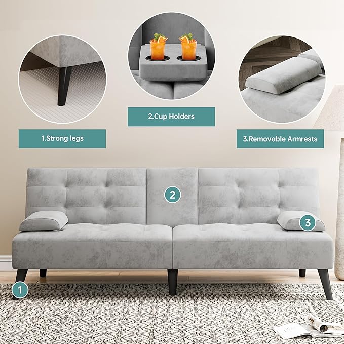 Meilocar 64 Futon Sofa Bed Convertible Loveseat with 2 Cup Holders Small Couch with 3 Adjustable Angles &amp Removable Armrest Modern Sleeper Sofa for Apartment Office 5.3 FT Light Grey