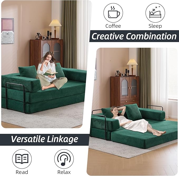Folding Sofa Bed Convertible Sleeper Corduroy Floor Couch with Pillows Fold Out Couch King Size Bed Futon Couchs Foldable Memory Foam Mattress for Living Room Bedroom Playroom (Dark Green)
