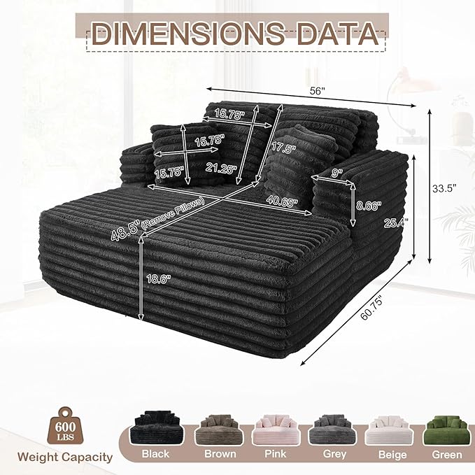 56 Oversized Chaise Lounge Chair IndoorPlush Faux Fur Sleeper Sofa Couch Bed with Pillows&ampWide ArmrestsFluffy Comfy Cloud CouchCompression Foam Couch for Living RoomBedroom(Black)