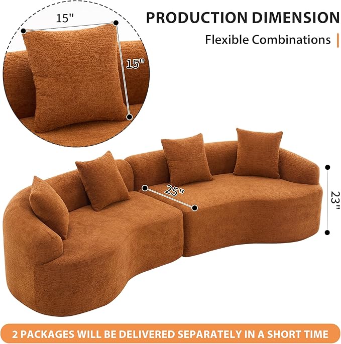 Modern Curved Boneless Sofa 110 Compression Modular Chenille High-Density Sponge Sectional Couch with 4 Seats No Assembly Required Lounge Sleeper Sofa for Living Room Apartment (Orange)
