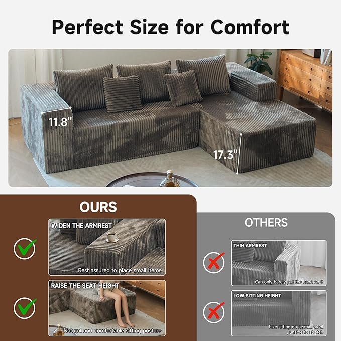 Upgrade 108’’ L Shape Cloud Couch Plush Corduroy Sectional Sofa with Chaise Boneless Couches for Living Room Bedroom No Assembly Required (Khaki Right Facing Chaise)