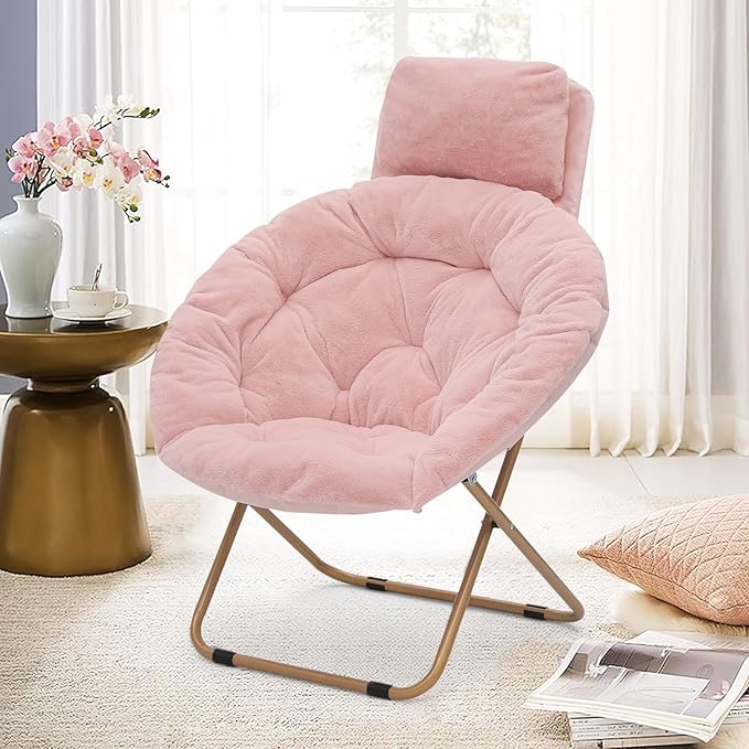 Comfy Saucer Chair Set of 2 with Headrest Large Cozy Metal Frame Cozy Lounge Lazy Chair Folding Faux Fur Round Saucer Chair for Adults Foldable Papasan Moon Chair