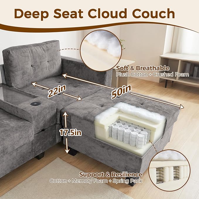 104'' Modular Sectional Sofa with 2 Tech Consoles Oversized U Shaped Couch Set with USB Charger Storage Movable Ottoman Chenille Large Sectional Couches for Living Room (Grey)