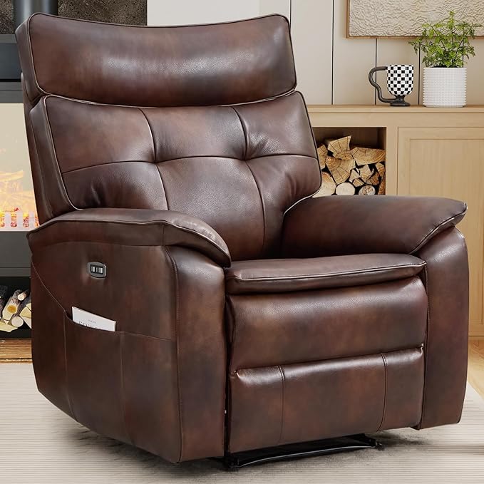 CANMOV Genuine Leather Recliner ChairPower Recliner Chair for AdultsElectric Single Reclining Sofa with Overstuffed Armrest and Backrest for Living RoomBrown