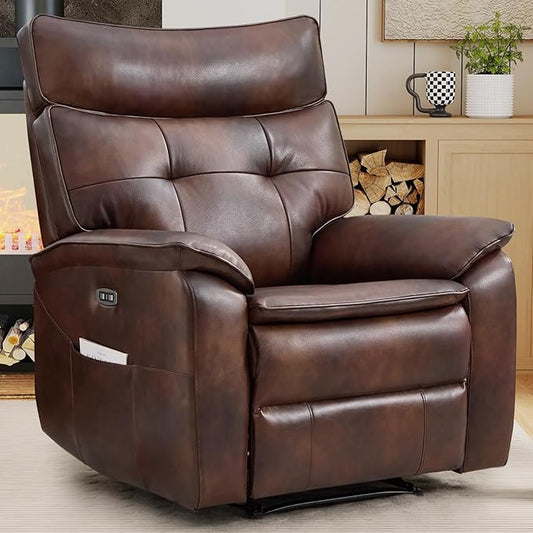 CANMOV Genuine Leather Recliner ChairPower Recliner Chair for AdultsElectric Single Reclining Sofa with Overstuffed Armrest and Backrest for Living RoomBrown