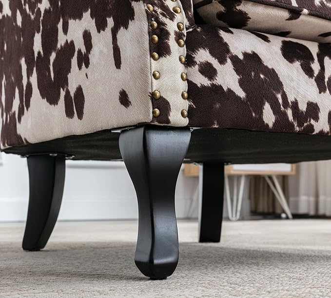Mid Century Modern Accent Chair Upholstered Armchair Comfy Western Fabric Single Sofa with Lined Wingback for Small Spaces Bedroom Living Room Cow 30.1D x 30.5W x 35H in