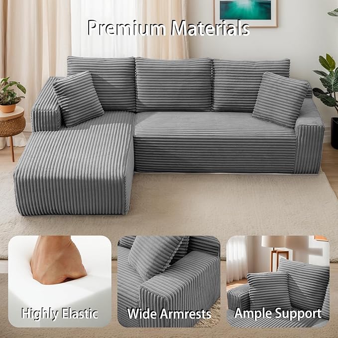 MEISIMAN 106'' Boneless Couch Cloud Couch - L Shaped Couch with Chaise Plush Corduroy Couch &amp Memory Foam Couch Modular Sectional Sofa Grey Couch for Living Room (Left Facing Chaise)