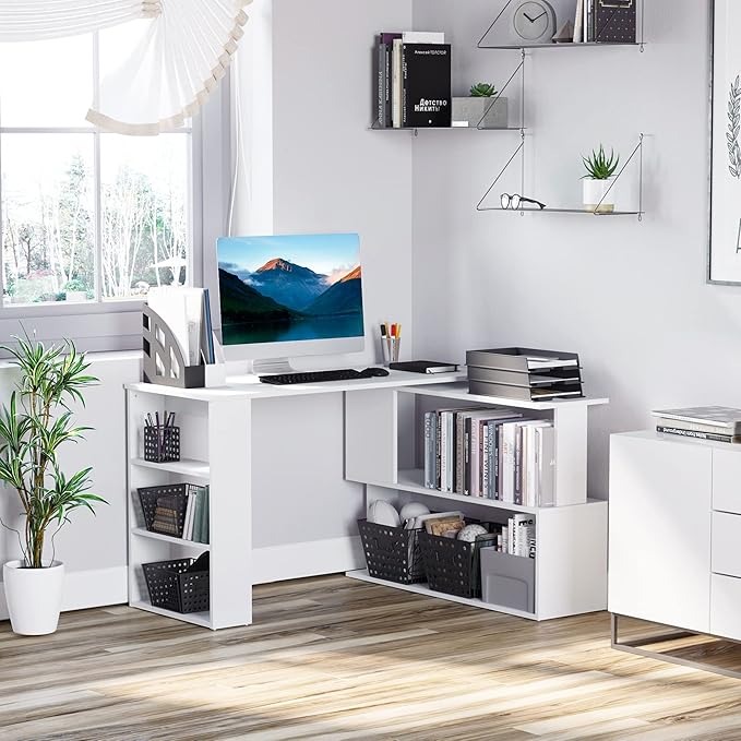 L Shaped Corner Desk 360 Degree Rotating Home Office Desk with Storage Shelves Writing Table Workstation White