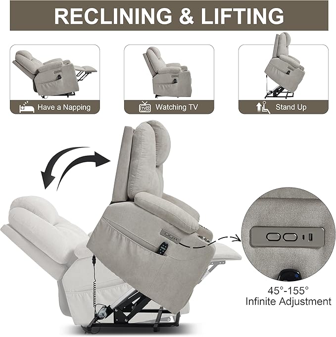 Power Lift Chair with Massage &amp Heat Electric Recliner Chairs for Adults Remote Control Sofa for Living Room Standing Assistance USB Ports Stainless Steel Cup Holders (Chenille Beige)