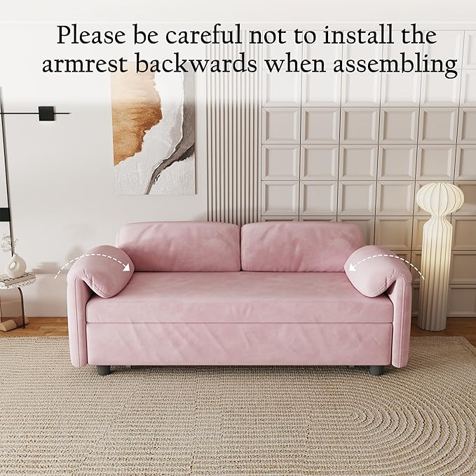 KEIKI 3 in 1 Full Pull Out Sofa Bed with Adjustable Backrest &amp Side Storage Pockets Velvet Recliner Lounge Sofa for Small Living Spaces Pink