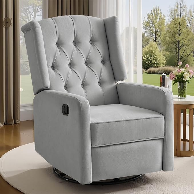 ABAKAN Swivel Rocker Recliner Chair 360 Degree Nursery Rocking Recliner Linen Glider Chair with Button Tufted Wingback Chair for Living Room Bedroom Gray