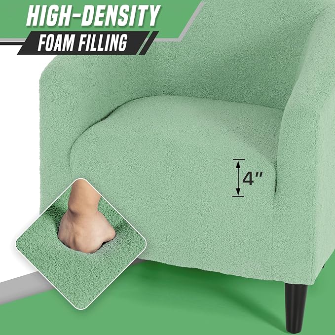 Modern Barrel Chair Furry Sherpa Accent Chair with Wood Legs Elegant Upholstered Armchair Single Sofa Chair for Bedroom Living Room Office Green
