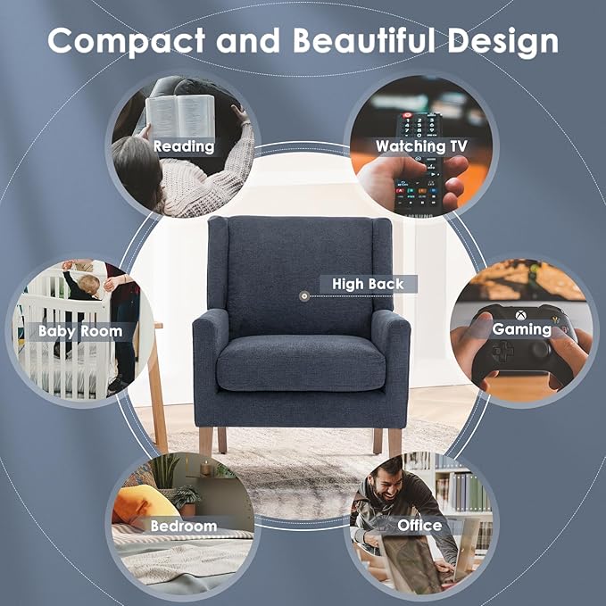 COLAMY Modern Wingback Living Room Chair Upholstered Fabric Accent Armchair Single Sofa Chair with Lounge Seat and Wood Legs for Bedroom/Office/Reading Spaces Blue