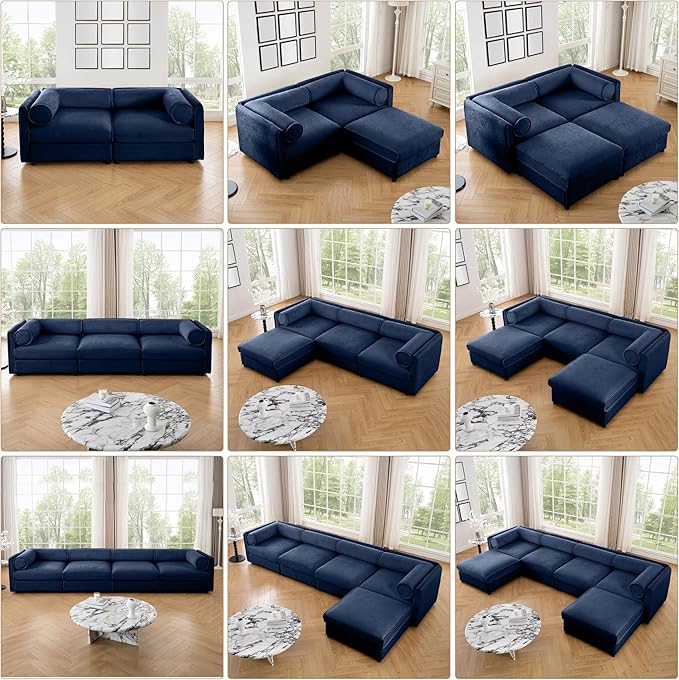 Oversized Modular Sectional Sofa 142.5 Chenille U-Shaped Sofa with Cylindrical Backrest &amp Armrest Modern Comfy 4-Seat Sofa with 2 Ottoman Upholstered Deep Seat Couch for Living Room Blue