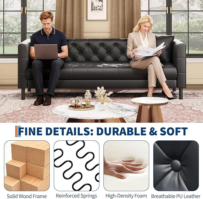 GAOMON 81 Leather Couch Handmade Button Tufted 3 Seater Sofa Chesterfield Sofa with Deep Seat and 2 Pillows Leather Sofa for Living Room Apartment Office Black