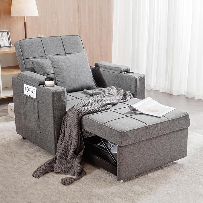 COMHOMA Sleeper Chair BedConvertible Sofa Bed Armchair with Cup Holders3-in-1 Futon Bed Chair with Side Pocket Pull Out Sofa Bed Couch for Living RoomBedroom (Grey)