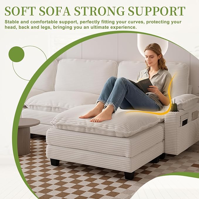 113 Modular Sectional Sofa L Shaped Cloud Couch with Movable Ottoman Comfy Corduroy Deep Seat Sofa with Cup Holders Storage Bags Couches for Living Room
