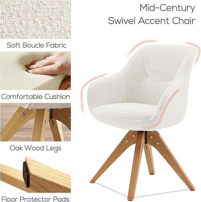 Art Leon Swivel Accent Chair - Mid Century Modern Desk Chair No Wheels Boucle Fabric Upholstered Armchair with Natural Oak Wood Lges White