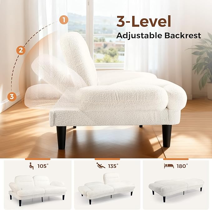 79” Futon Sofa Bed Sleeper Sofa Convertible Sofa Bed with Adjustable Backrest and Armrests Faux Sherpa Cloud Loveseat Convertible Recliner Sleeper Sofa for Living Room Bedroom Apartment Beige