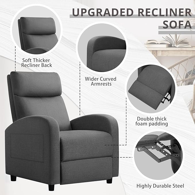 JUMMICO Recliner Chair Adjustable Home Theater Single Recliner Sofa Furniture with Thick Seat Cushion and Backrest Modern Living Room Recliners (Fabric Aurora Grey)