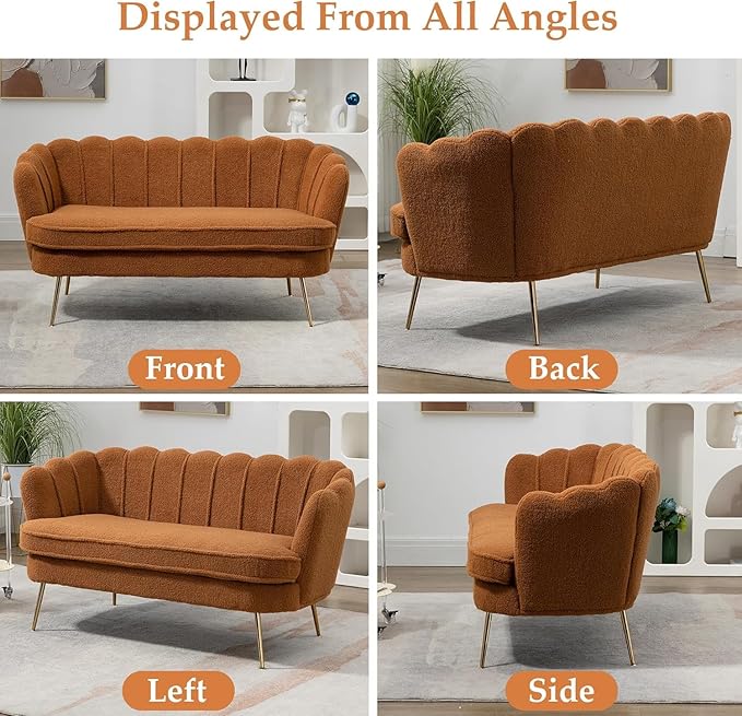59 Wide Modern Boucle Loveseat Small Sofa Small Mini Room Couch 2-Seater Sofa with Gold Metal Legs for Space Office Studio Apartment Bedroom (Caramel)